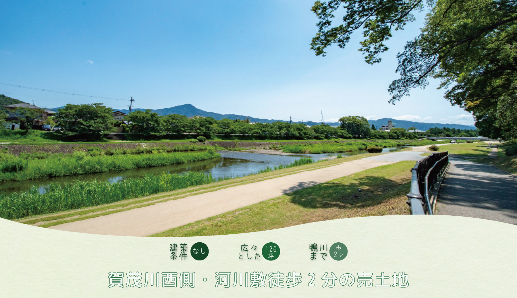 賀茂川西側・河川敷まで徒歩2分建築条件なしの売土地(京都市北区小山北玄以町)